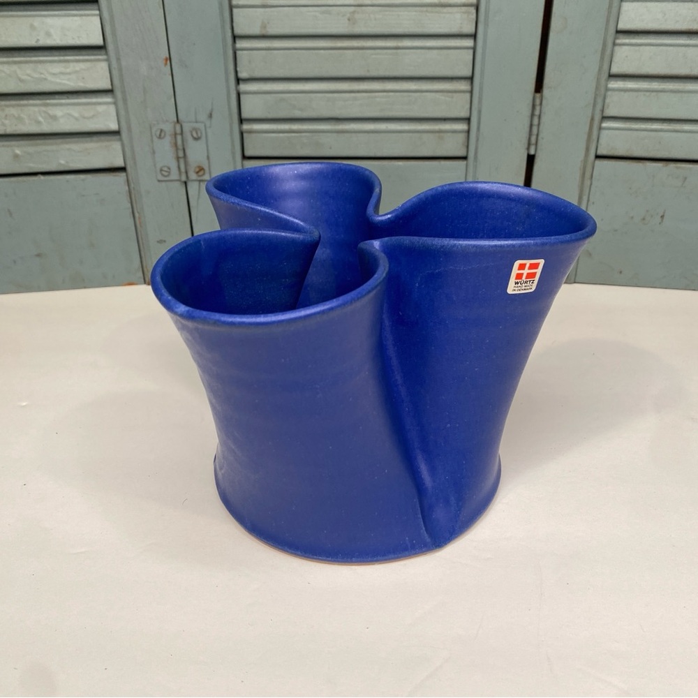 Vintage WURTZ Denmark Handmade Cobalt Blue Pottery Triple Vase Form - Picture 2 of 8
